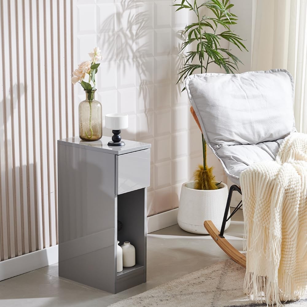 Slim Grey High Gloss Bedside Table with Drawer & Shelf Narrow Nightstand
