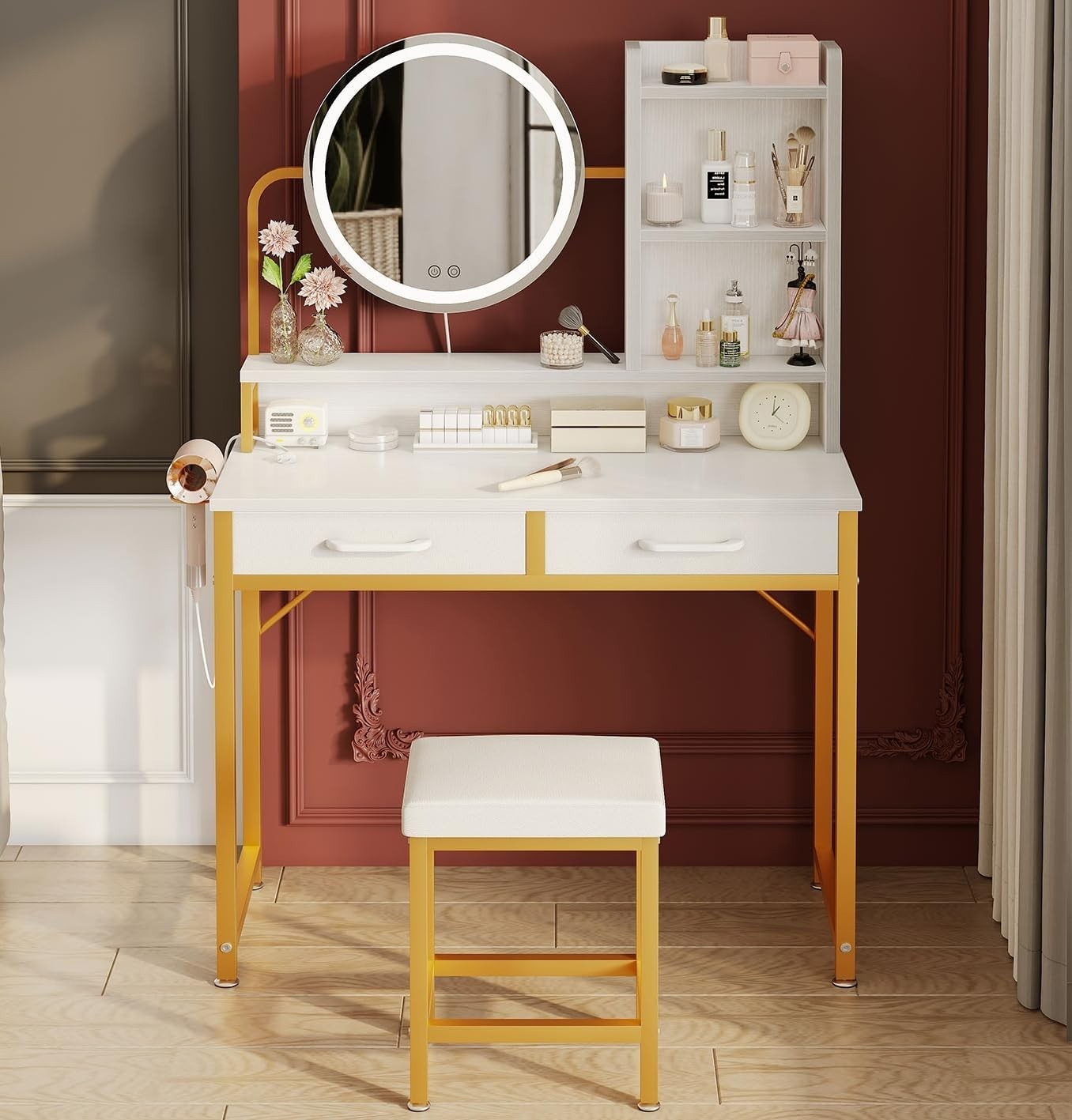 Makeup Vanity Desk Dressing Table with Adjustable LED Light Mirror & Storage Whi