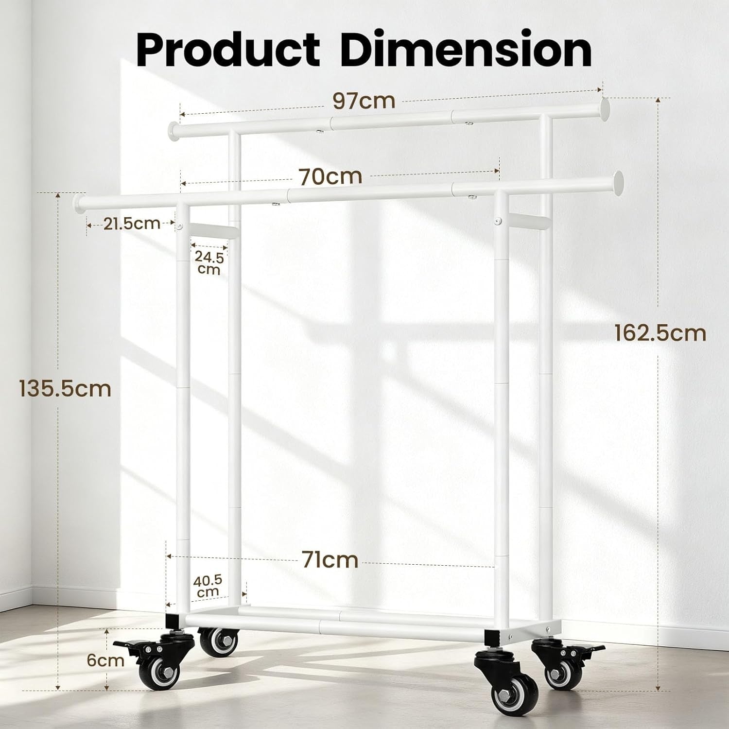 Heavy Duty Double Rail Clothes Rack with Wheels & Shelf – White
