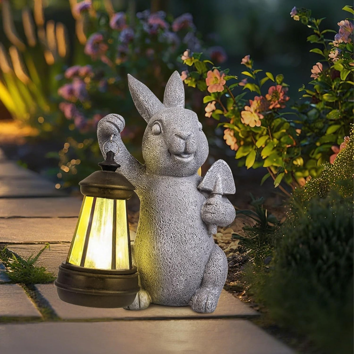 Solar Rabbit Garden Statue with LED Lantern | Outdoor Patio Yard Ornament Gift