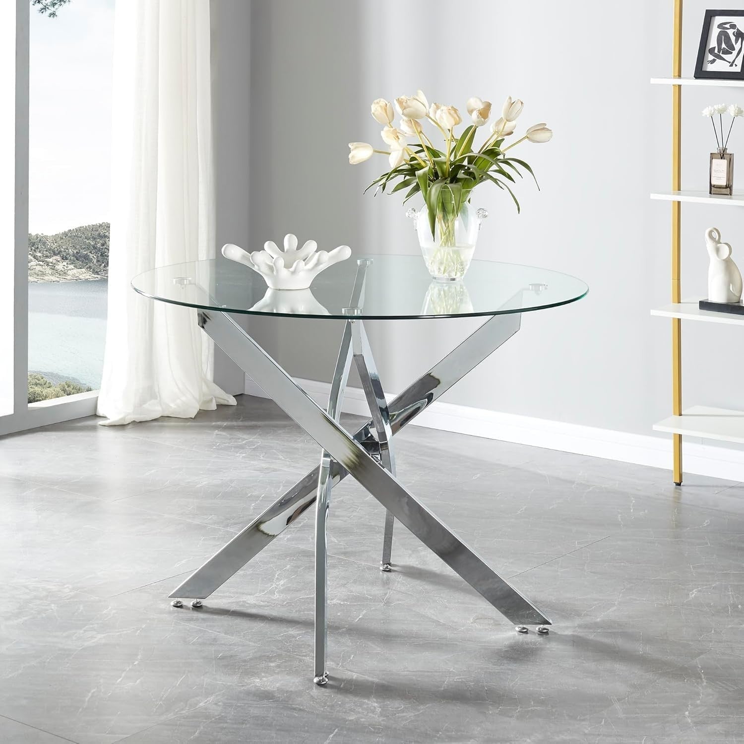 100CM Round Glass Dining Table with 4 Black Upholstered Chairs Set