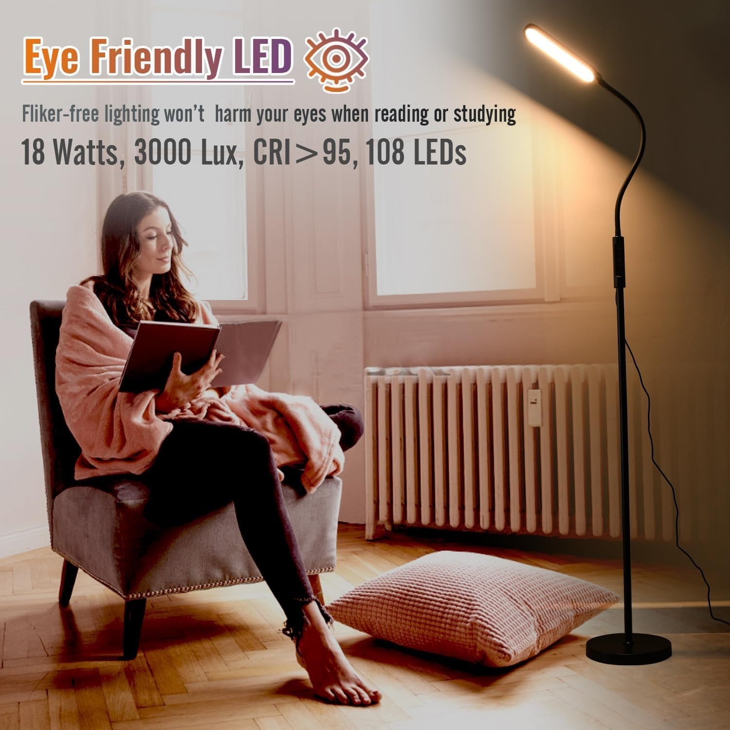 LED Floor Lamp 18W Dimmable Standing Light Remote Control Modern Reading Lamp