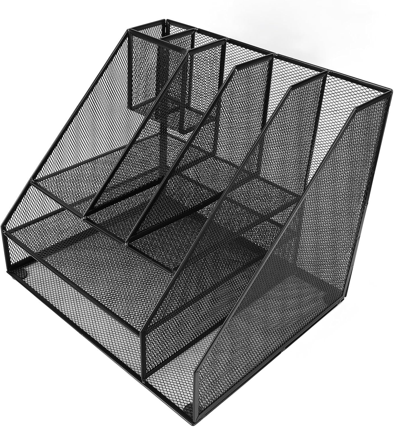 3-Tier Desk Organizer with Pen Holders & File Rack – Metal Mesh Storage