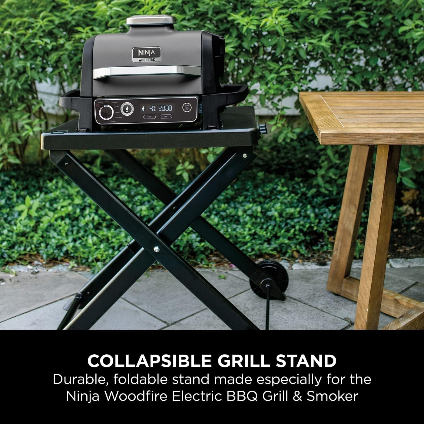 Electric BBQ Grill Smoker Air Fryer 7-in-1 Wood Pellets + Folding Stand Probe
