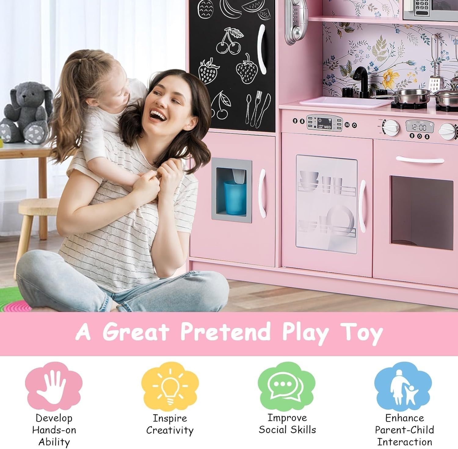 Kids Wooden Play Kitchen Pretend Cooking Set Microwave Ice Maker Pink