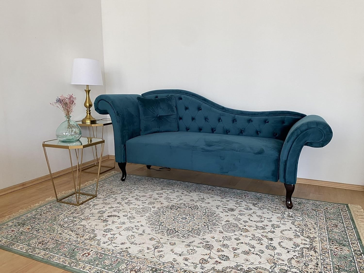 Vintage Teal Velvet Left Hand Chaise Lounge Button Tufted Wood Legs