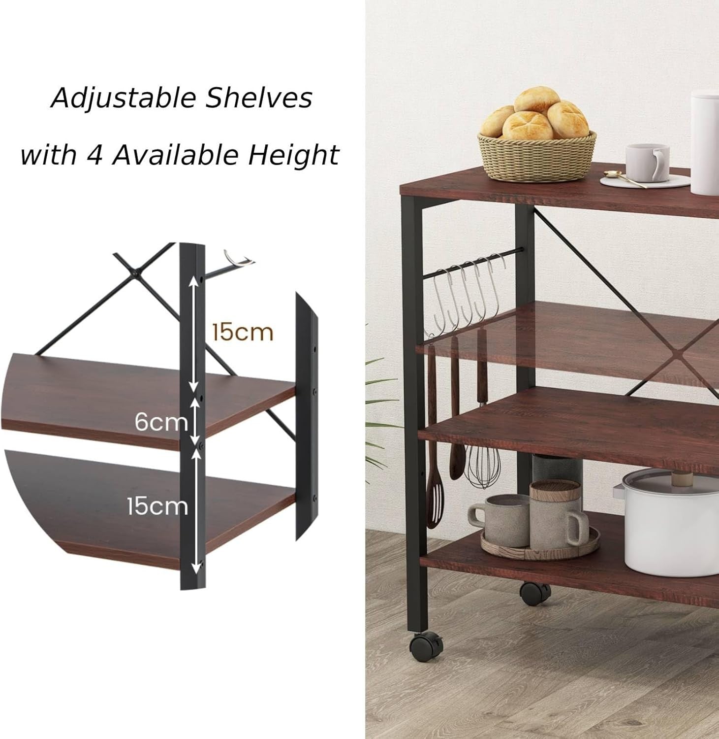 Kitchen Bakers Rack Rolling Cart Microwave Stand 3 Shelves Wheels