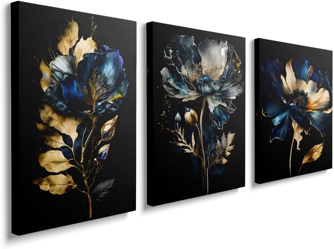 Blue Gold Floral Wall Art Set of 3 Framed Canvas 12x16in