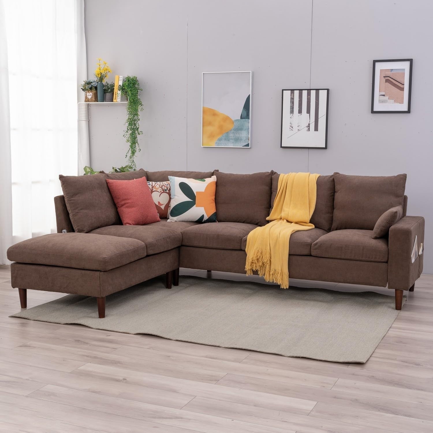 6 Seater L Shape Sofa with Chaise Brown Linen USB Charging Corner Couch