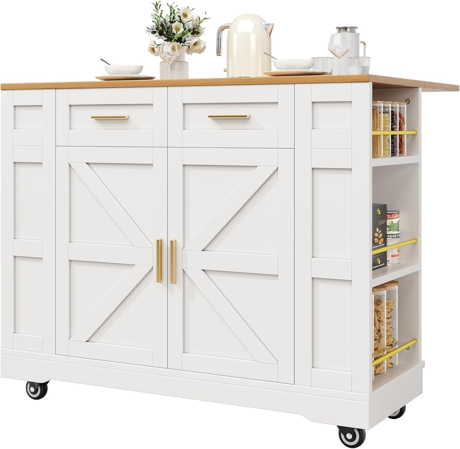 Kitchen Island Trolley with Foldable Worktop & 2 Drawers White 120x40x90cm