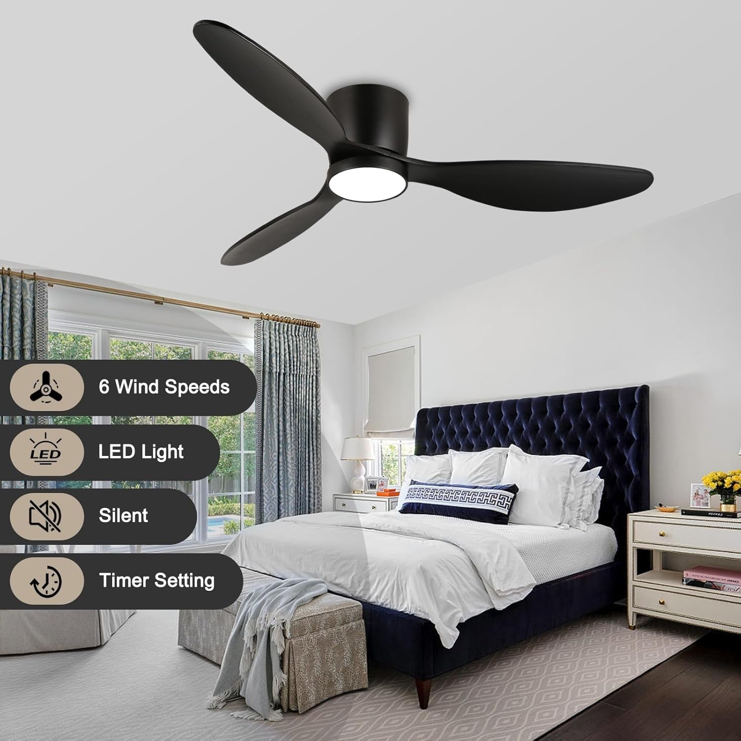132cm Flush Mount Ceiling Fan LED Light App Remote Dimmable