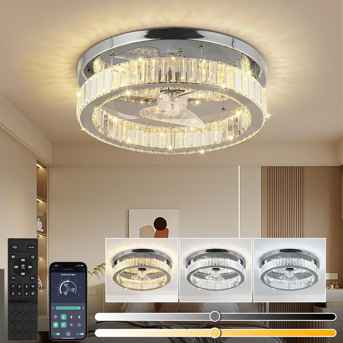 45cm LED Ceiling Fan, Smart, Dimmable Light, 6 Speeds, Chrome
