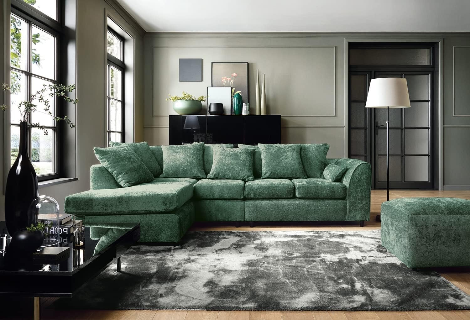 Large Green Chenille Corner Sofa – Modern L Shape 5 Seater Couch w/ Covers