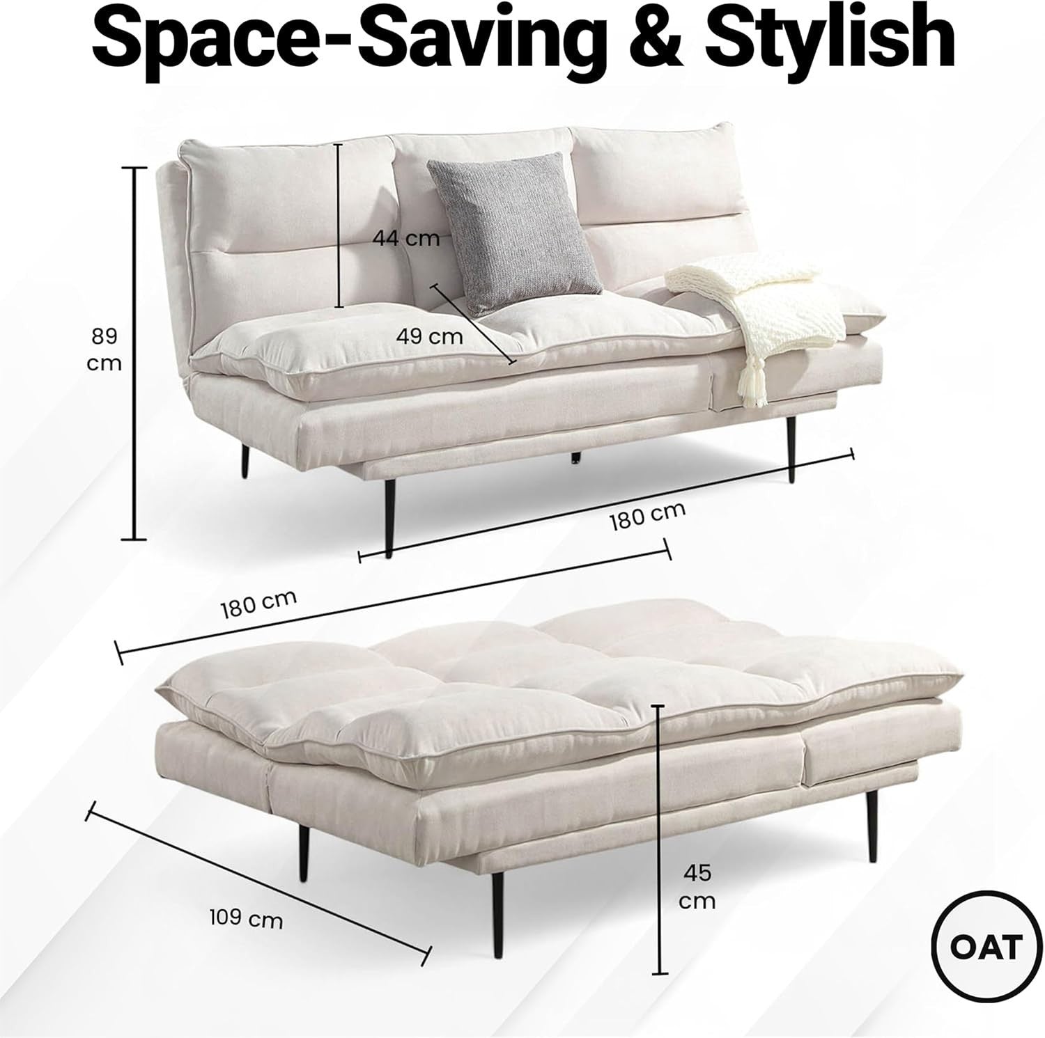 3 Seater Sofa Bed Modern Click Clack Recliner Beige Padded Couch New