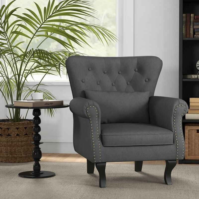 Chesterfield Wingback Armchair Tufted Accent Fireside Chair Pillow Grey