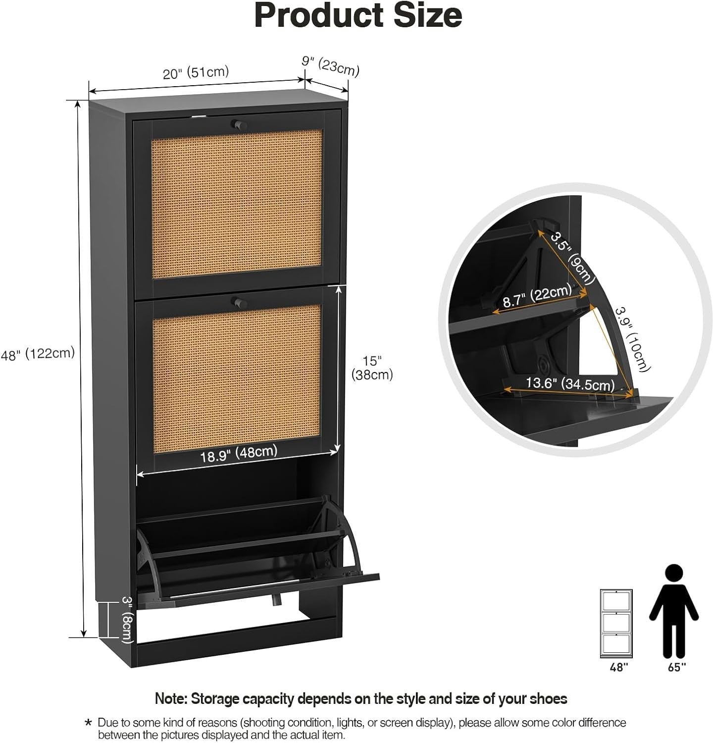 Rattan Shoe Cabinet 3 Flip Drawer Storage Cupboard Adjustable Shelves 51x122cm