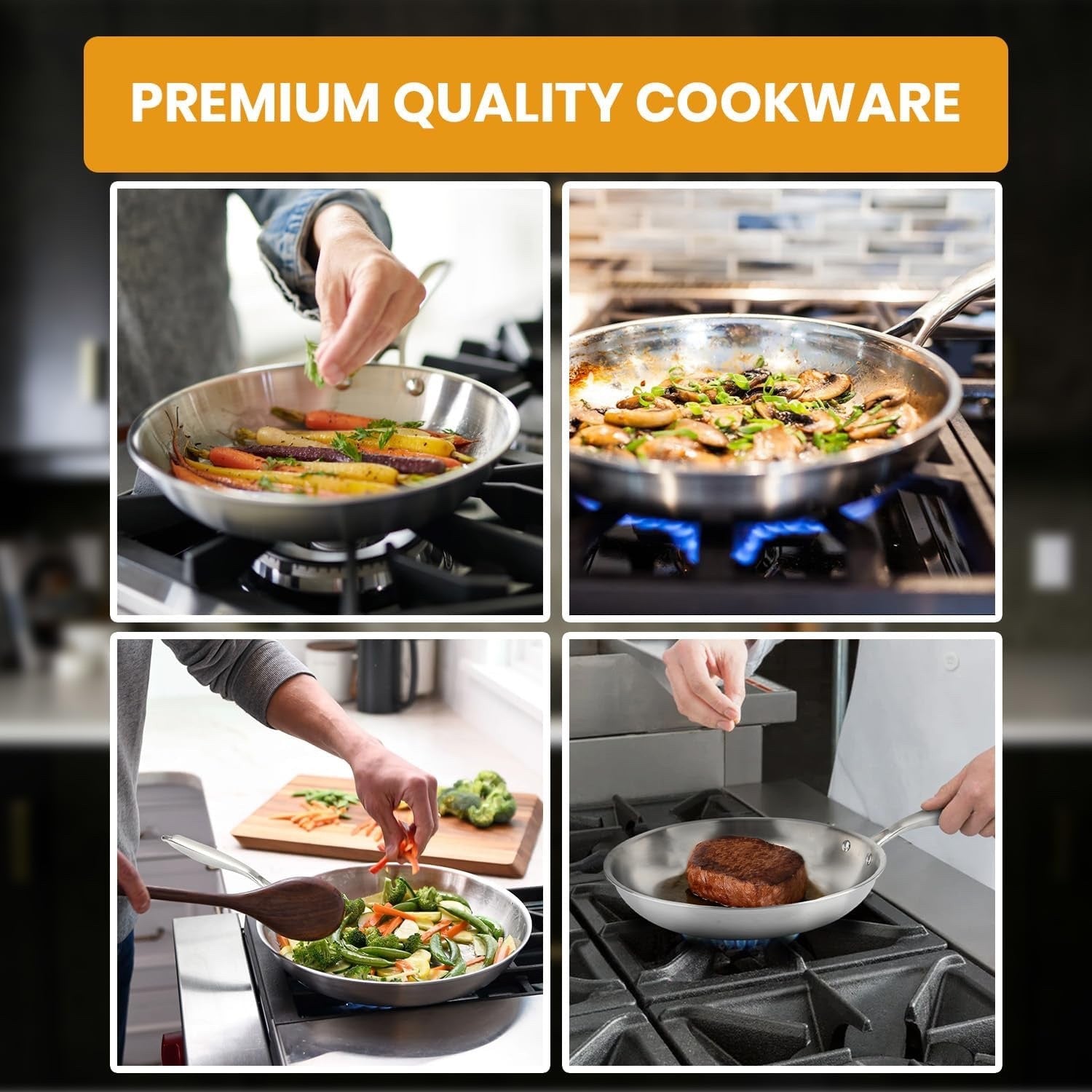 3pcs Stainless Steel Frying Pan Set 24 26 28 cm Induction Oven & Dishwasher Safe