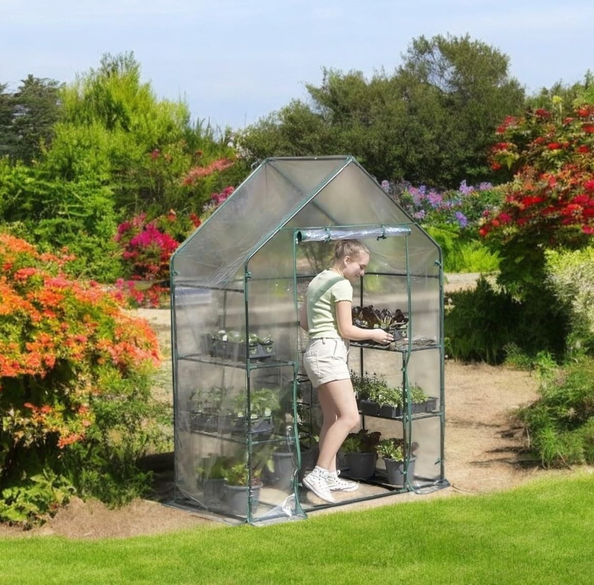 3 Tier Walk-In Greenhouse Clear PVC Cover 143x73x195cm 4 Shelves Outdoor
