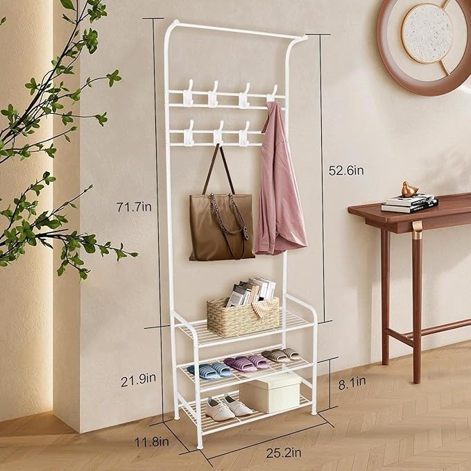 Freestanding Coat Rack with Shoe Shelf & 16 Hooks | White Metal Hall Tree