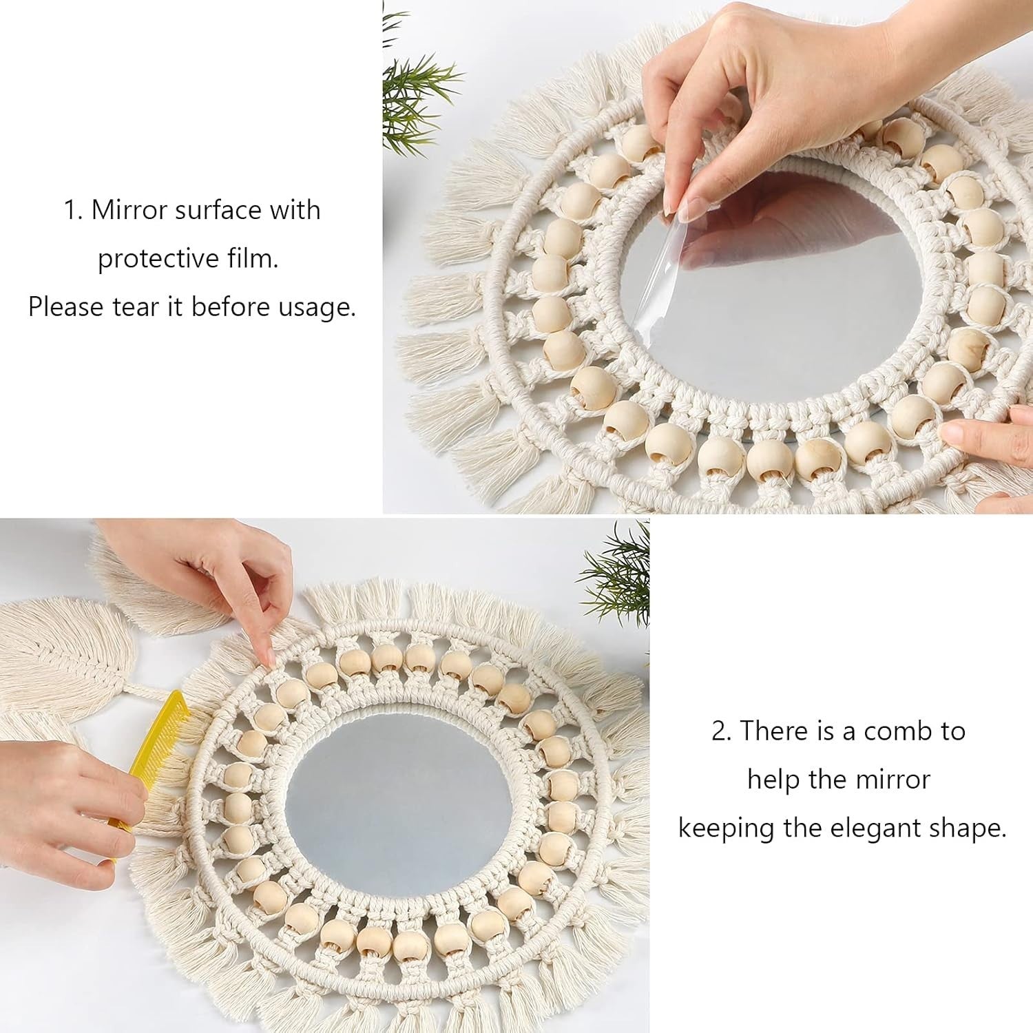 Boho Macrame Wall Mirror 13" Round Cotton Fringe Mirror Decor