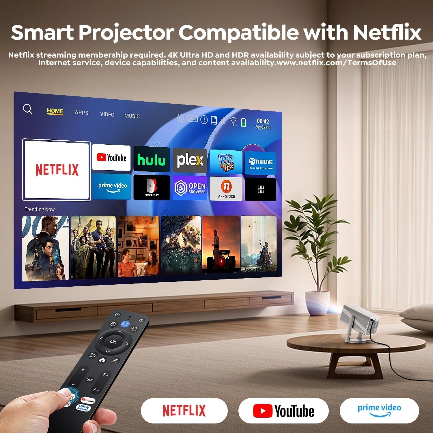 Smart 1080P Projector WiFi 6 Bluetooth Dolby 360° Auto Focus 4K