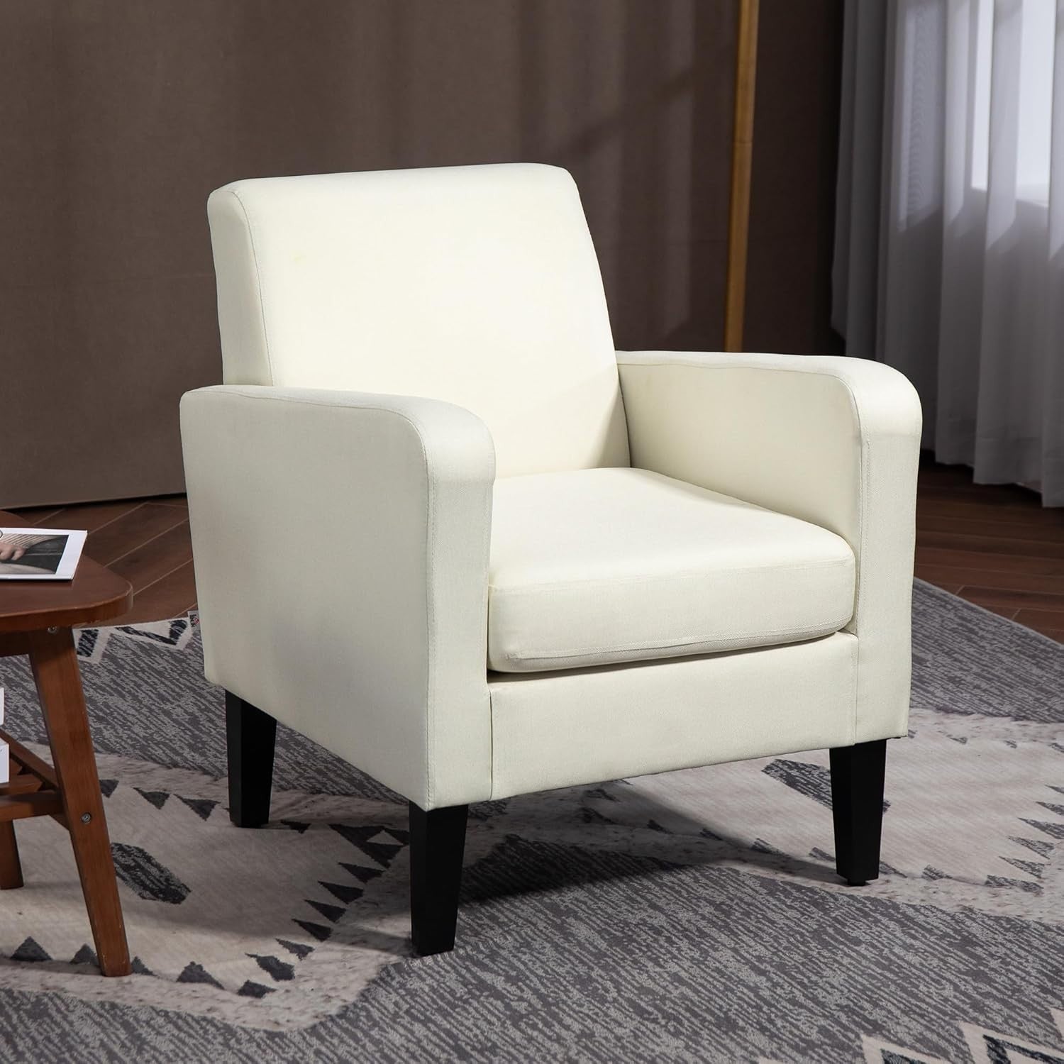 Cream Linen Accent Armchair with Cushioned Back & Eucalyptus Wood Legs