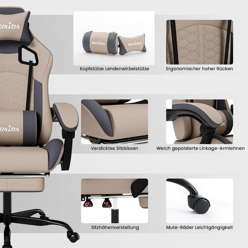 Ergonomic Gaming Chair with Footrest, Massage & Lumbar Support Beigeblue