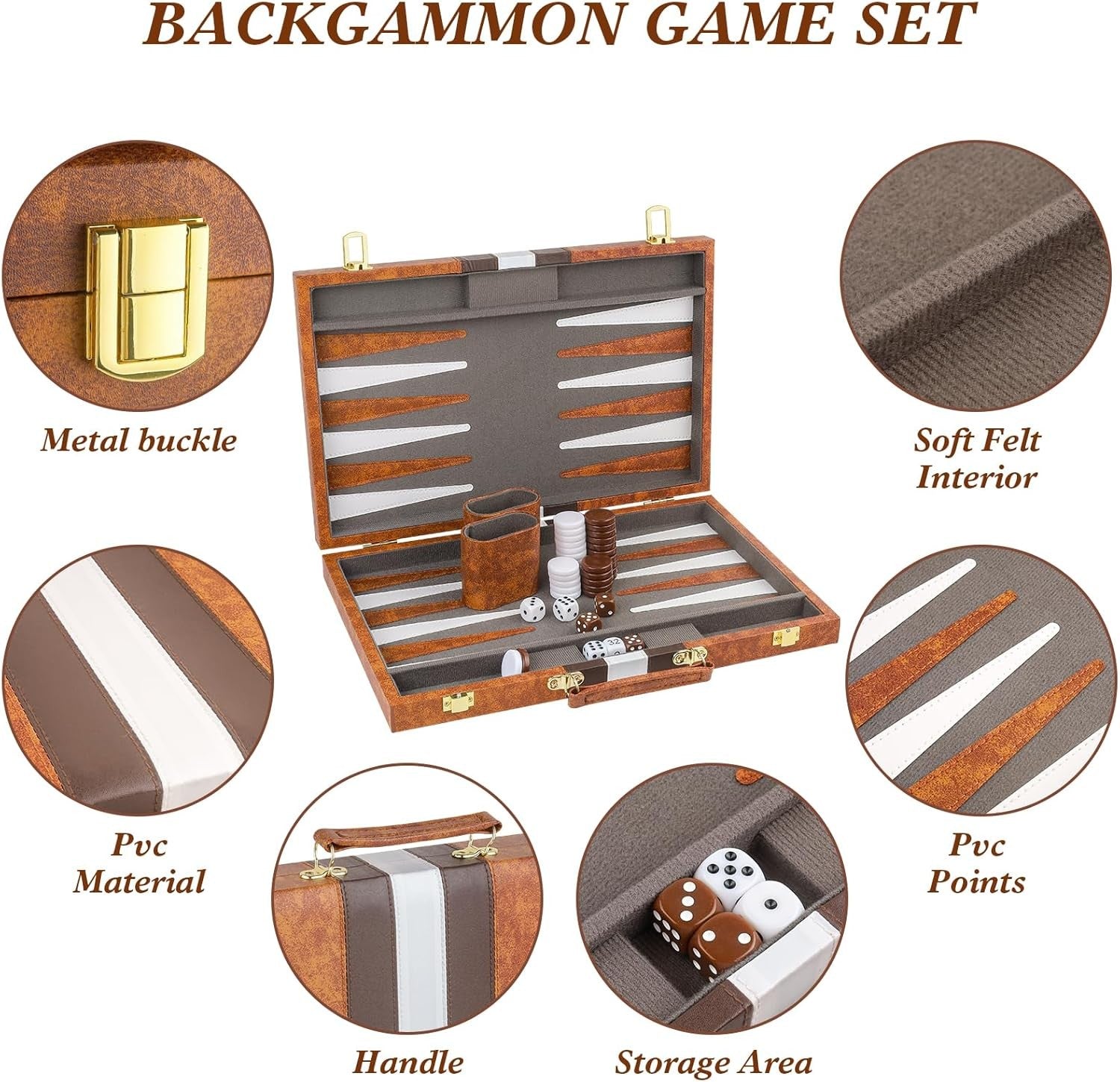 15 Inch Backgammon Set Leather Case Folding Board Portable Travel Game