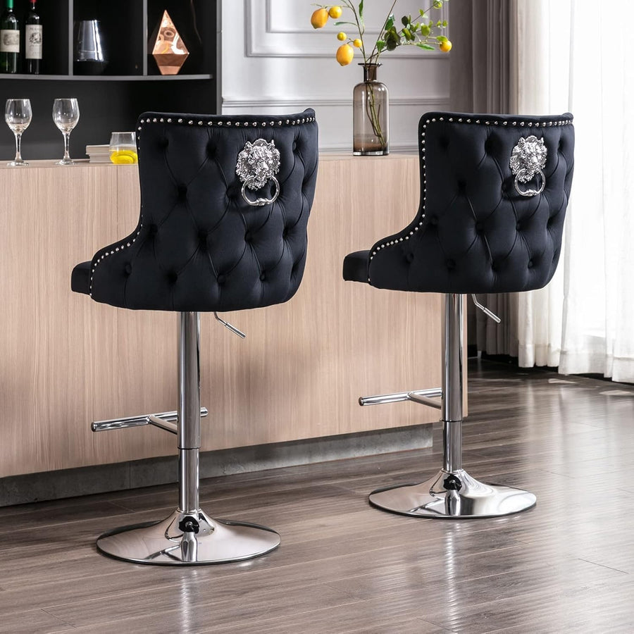 Luxury Velvet Bar Stools Set of 2 | Black Swivel Counter Chairs w/ Lion Detail