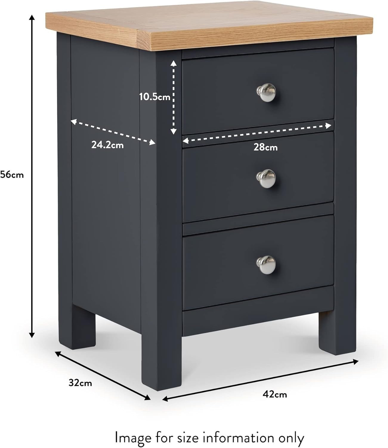 Charcoal Grey 3 Drawer Bedside Table with Solid Oak Top Fully Assembled