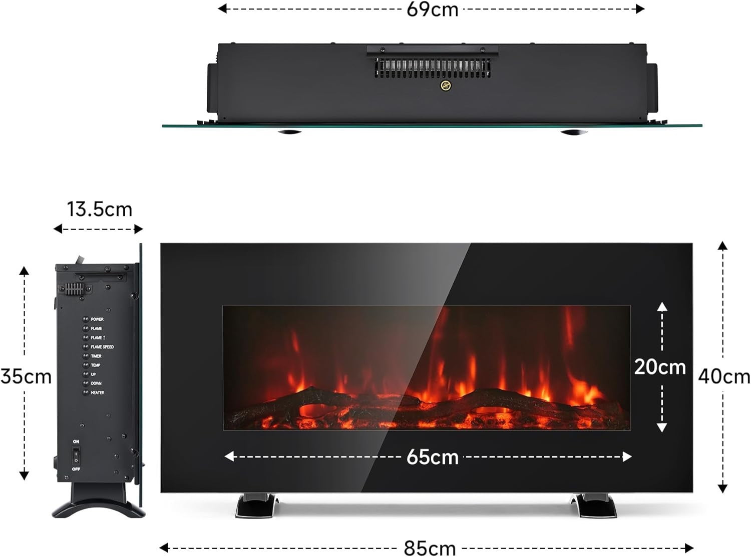 85cm Flat Electric Fireplace Freestanding Log Flame Heater w/ Remote