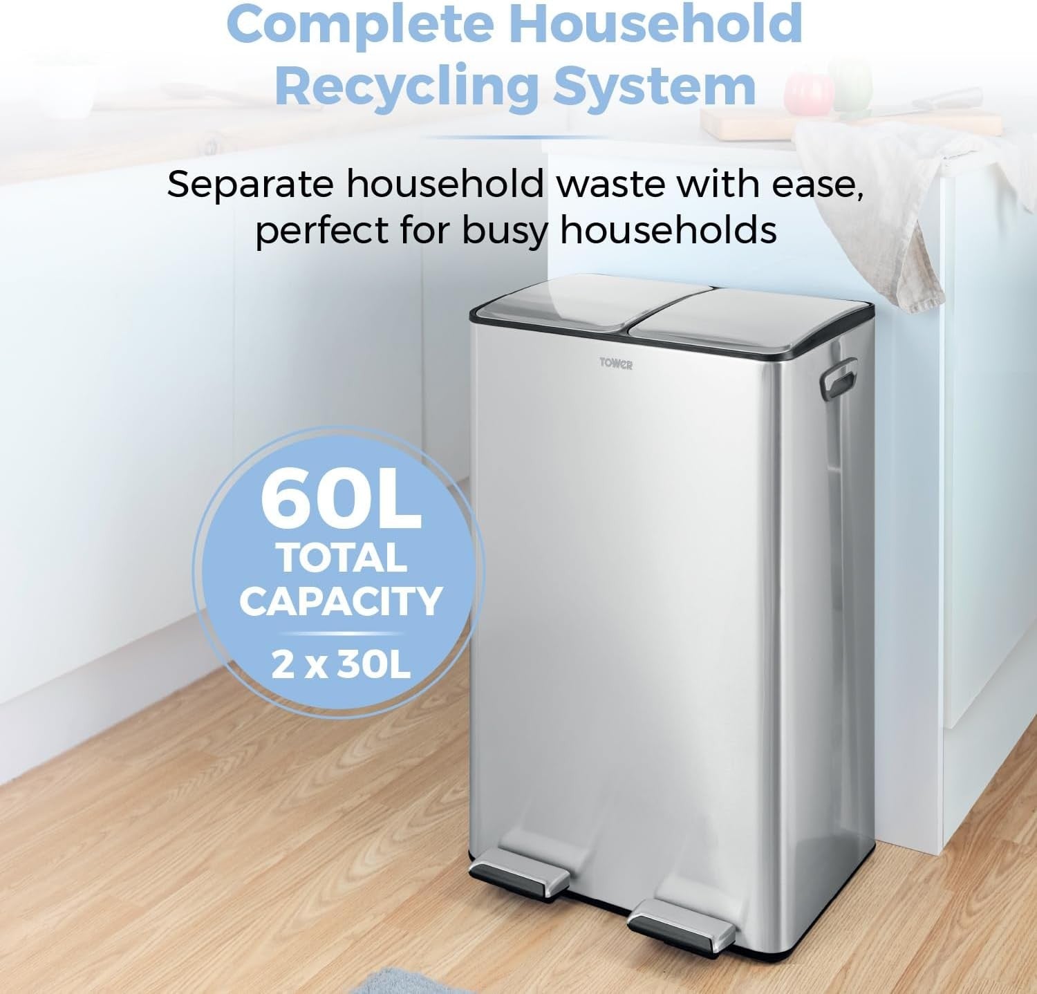 60L Recycling Pedal Bin 2x30L Dual Compartment Silver