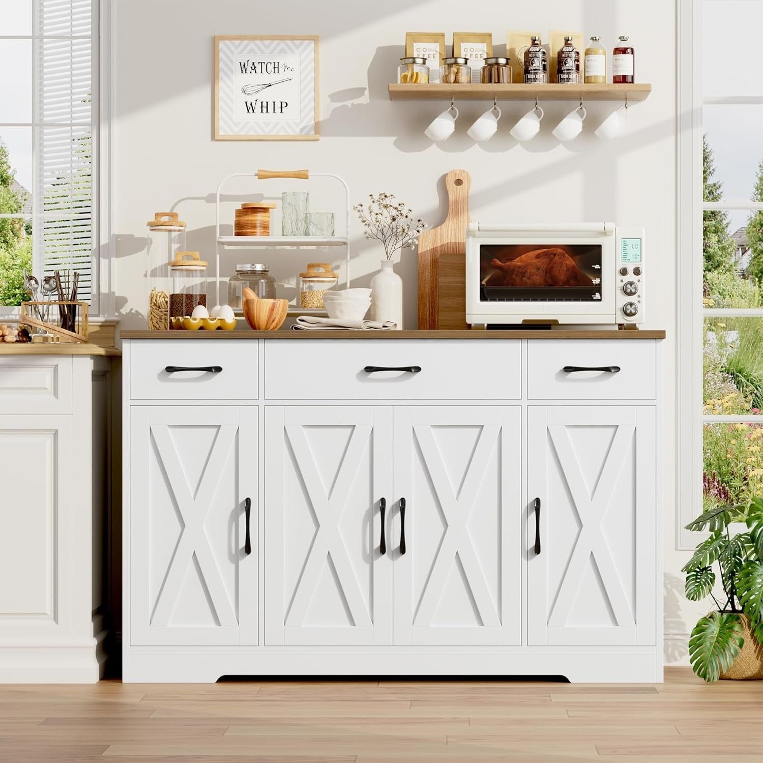 Kitchen Sideboard Cabinet 140cm with Drawers Adjustable Shelves Storage Unit