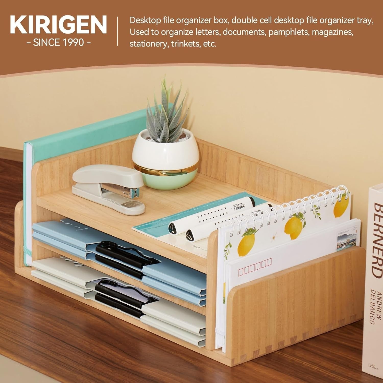 3-Tier Wooden Desk Organizer Tray for Mail, Files, Papers & Stationery