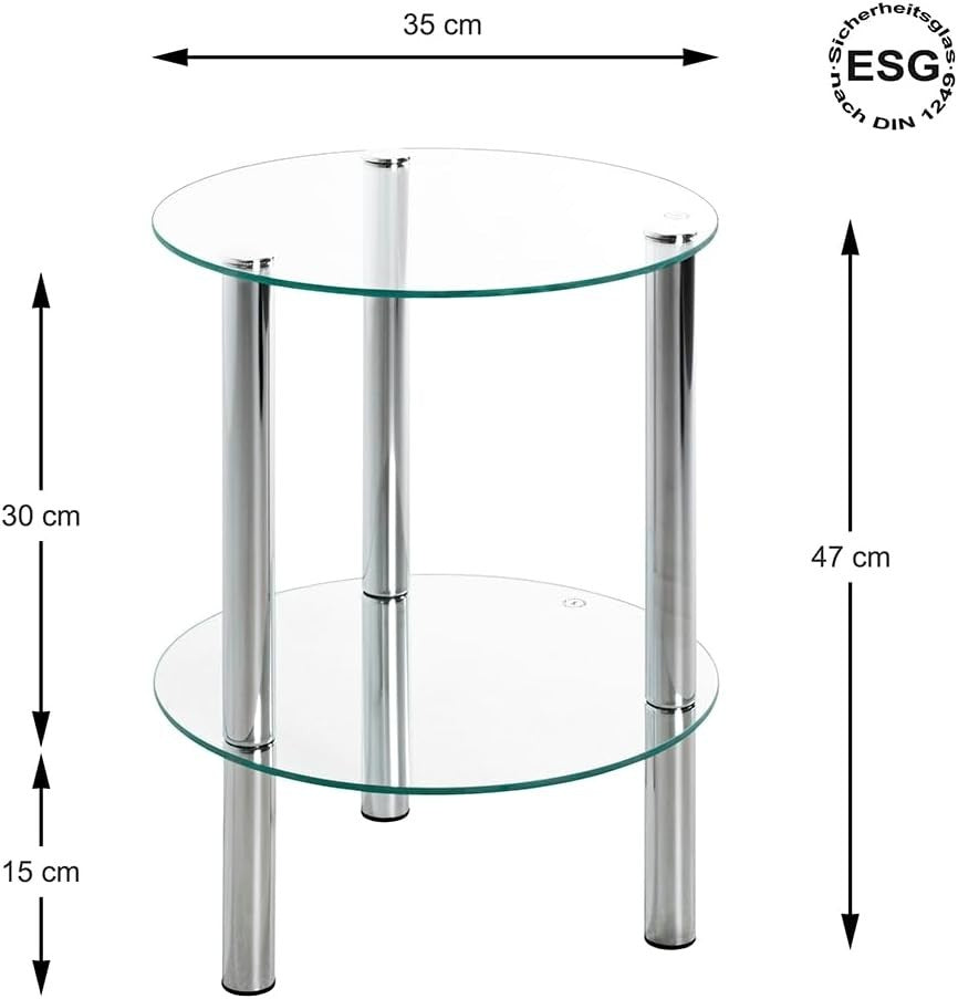 Modern Round Chrome Metal End Table with Tempered Glass Shelf 47x35cm