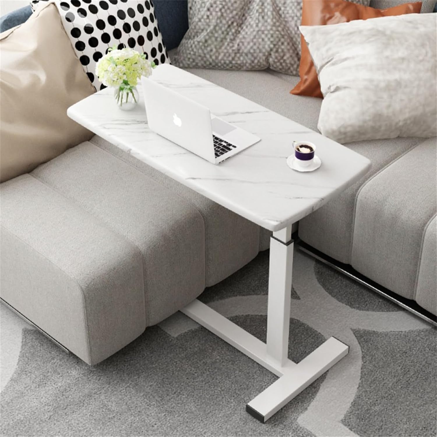 Overbed Table Adjustable Height Laptop Desk C Shaped Rolling Marble 80x40cm