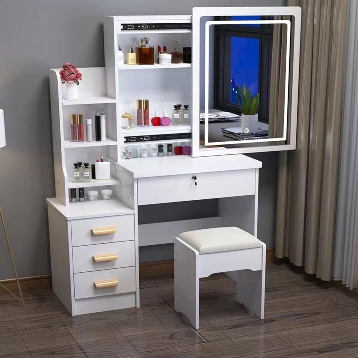 White Dressing Table Makeup Vanity Desk with LED Lights 4 Drawers Storage