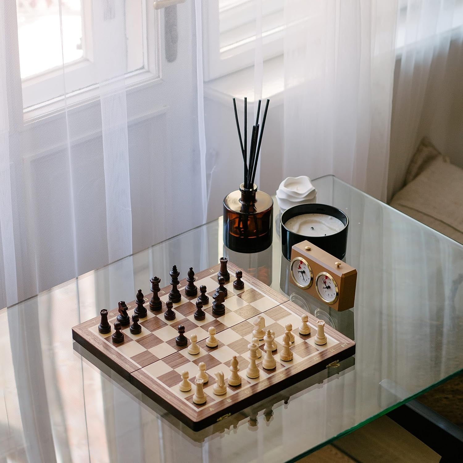 38cm Tournament Chess Set – Inlaid Folding Board & Weighted Wooden Pieces