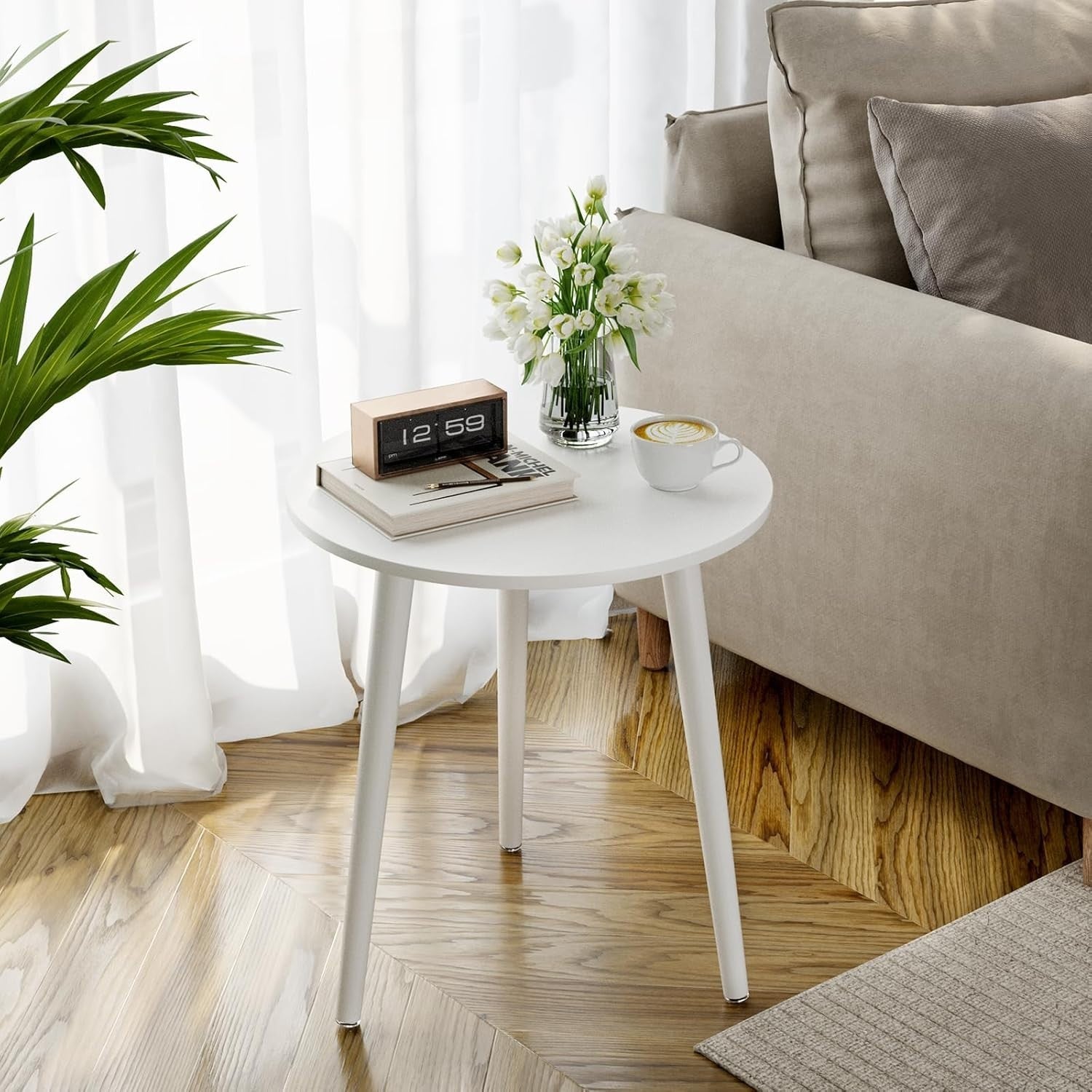 Small White Round Side Table 42x42x51cm, Sturdy Iron Legs, Easy Assemble