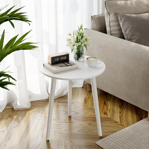 Small White Round Side Table 42x42x51cm, Sturdy Iron Legs, Easy Assemble