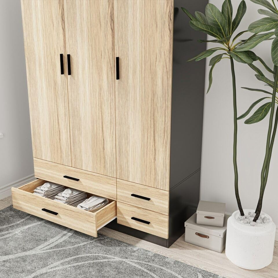 3 Door 4 Drawer Wardrobe Hanging Rail Bedroom Storage Black & Oak Organizer