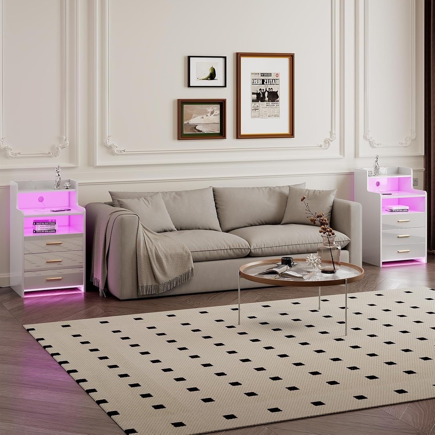 Modern LED Bedside Table with USB Charging, 3 Drawers + Shelf