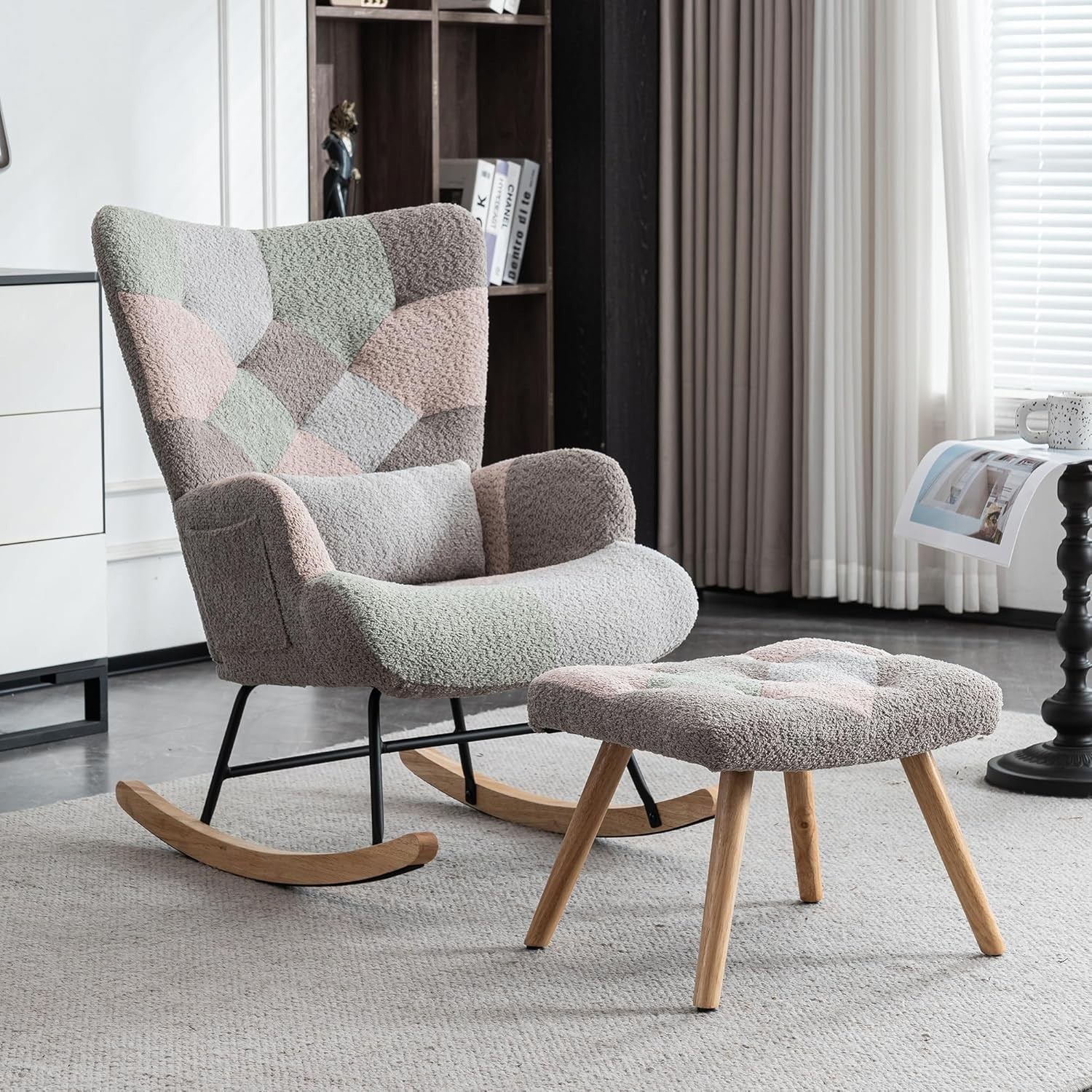 Rocking Chair w/ Footstool Wingback Ergonomic Lounge Seat for Reading Nursery