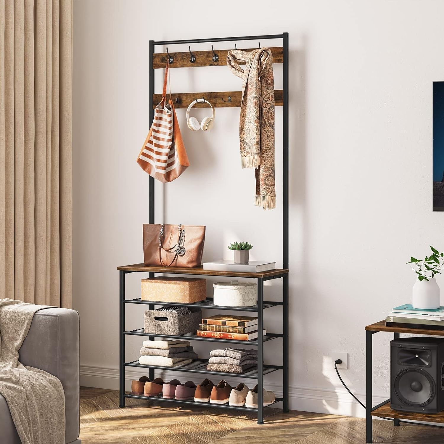 Industrial Coat Rack with Shoe Storage – 9 Hooks, Hall Tree Stand 190cm