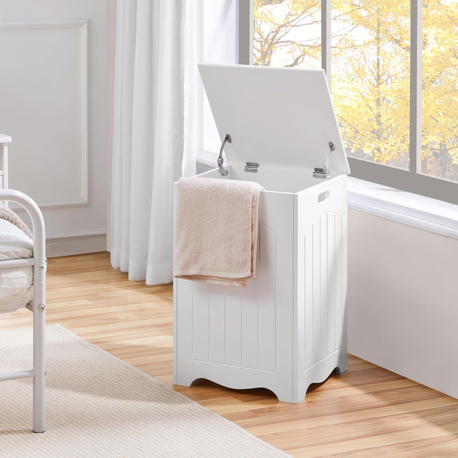 Large White Laundry Basket with Lid Wooden Bathroom Storage Hamper