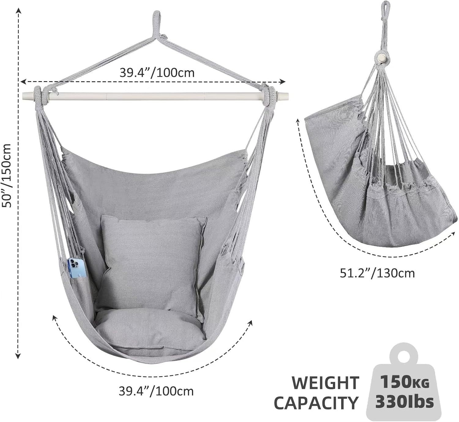 Hammock Chair Swing Grey w/ Pillows, Bar & Bag | Indoor Outdoor 330lbs