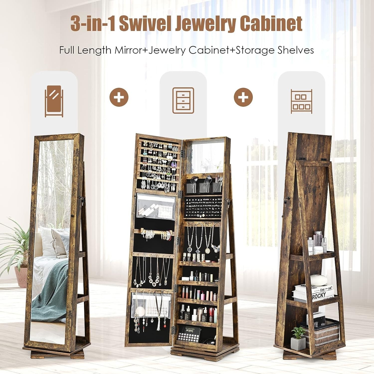Rustic Brown 360° Swivel Jewelry Cabinet Mirror Lockable 3-in-1 Storage