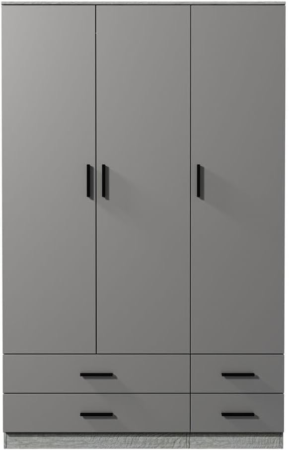 3 Door 4 Drawer Wardrobe Hanging Rail Storage Ash Grey & Cool Grey
