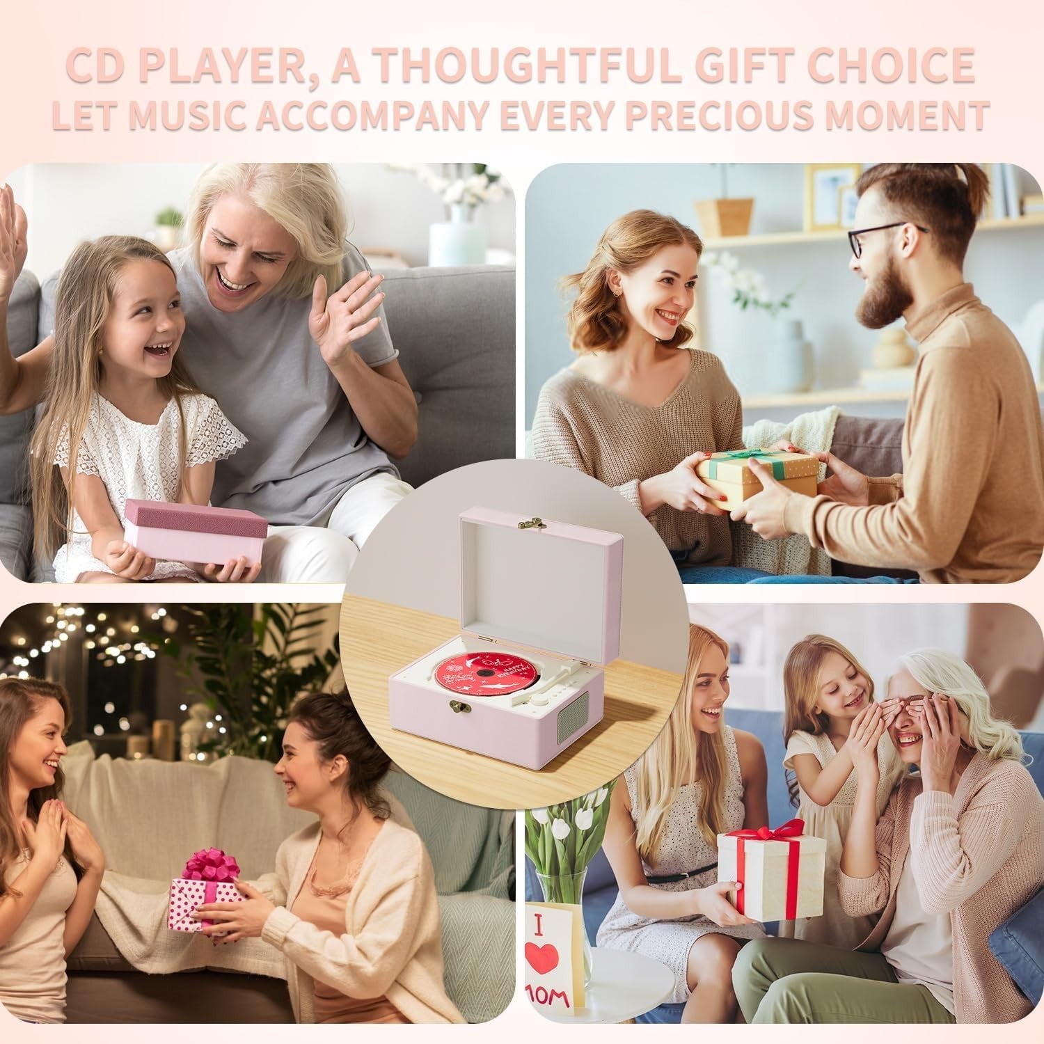 Portable Bluetooth CD Player Music Box w Speakers Rechargeable Pink