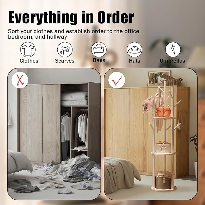 White Wood Freestanding Coat Rack | 3 Shelves 9 Hooks Hall Tree Stand for Coats
